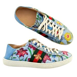 Gucci Ace Blue Floral Print Bee Web Stripe Leather Low Top Slip On Sneakers 38.5